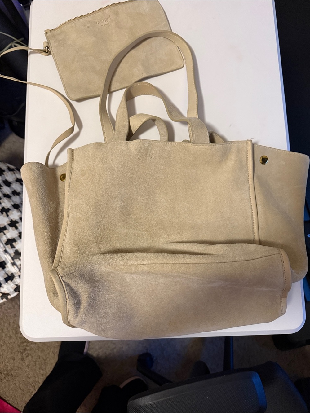Beige Leather Tote with Removable Pouch